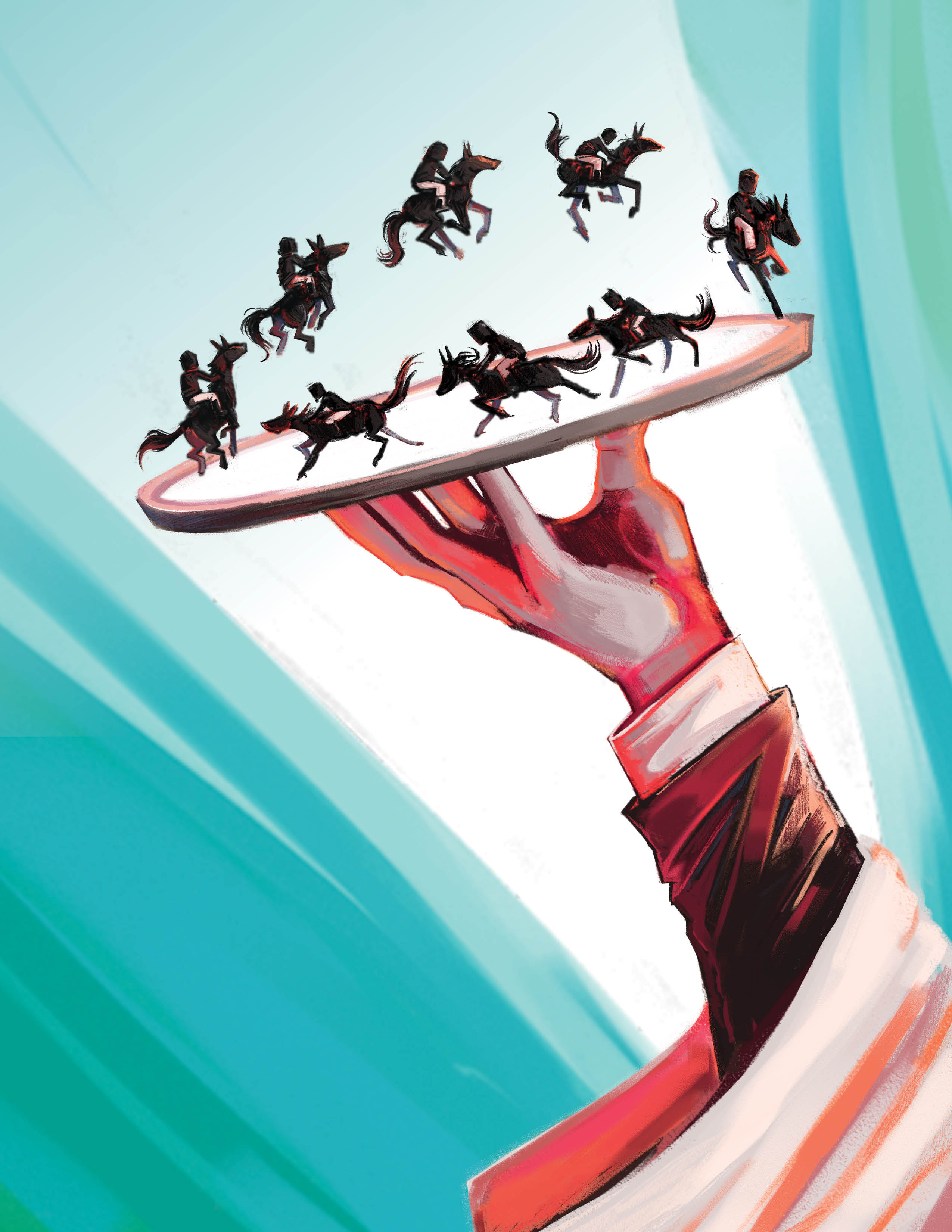 Digital painting by Catherine Oda. A hand presents a round platter. Shadowy shapes of a horse and rider gallop around its edges.