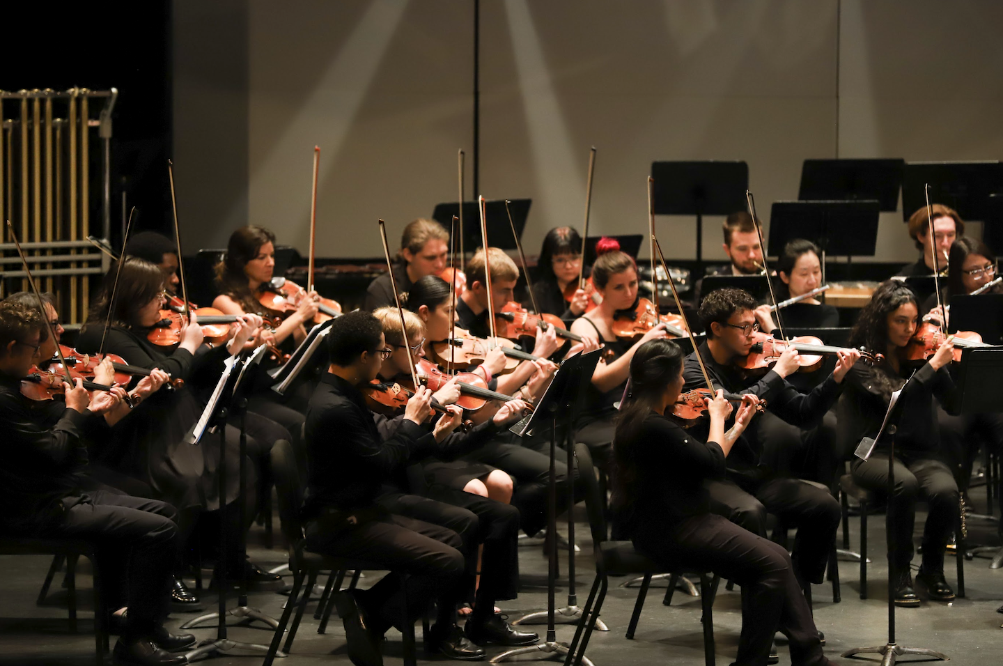 Photo of the violin section of the PCC Orchestra plucking notes on their violins while the woodwinds and brass play in the background.
