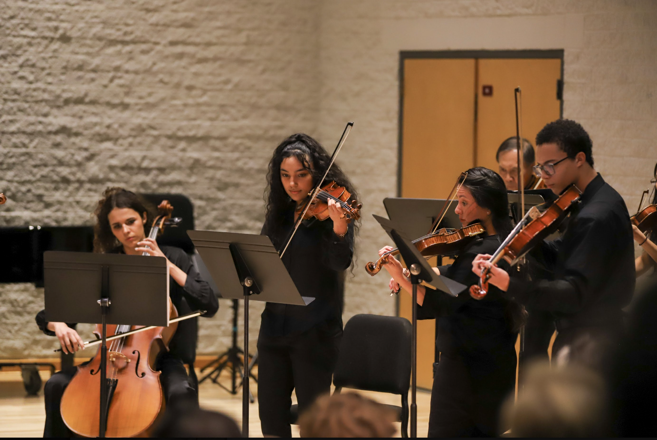 Photo of men and women PCC String Ensemble members performing in the Recital Hall.