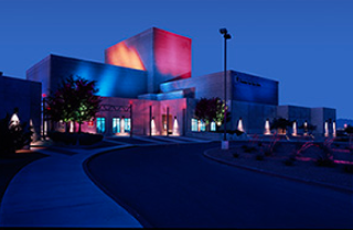 A beautifully lit night scene of the PCC campus