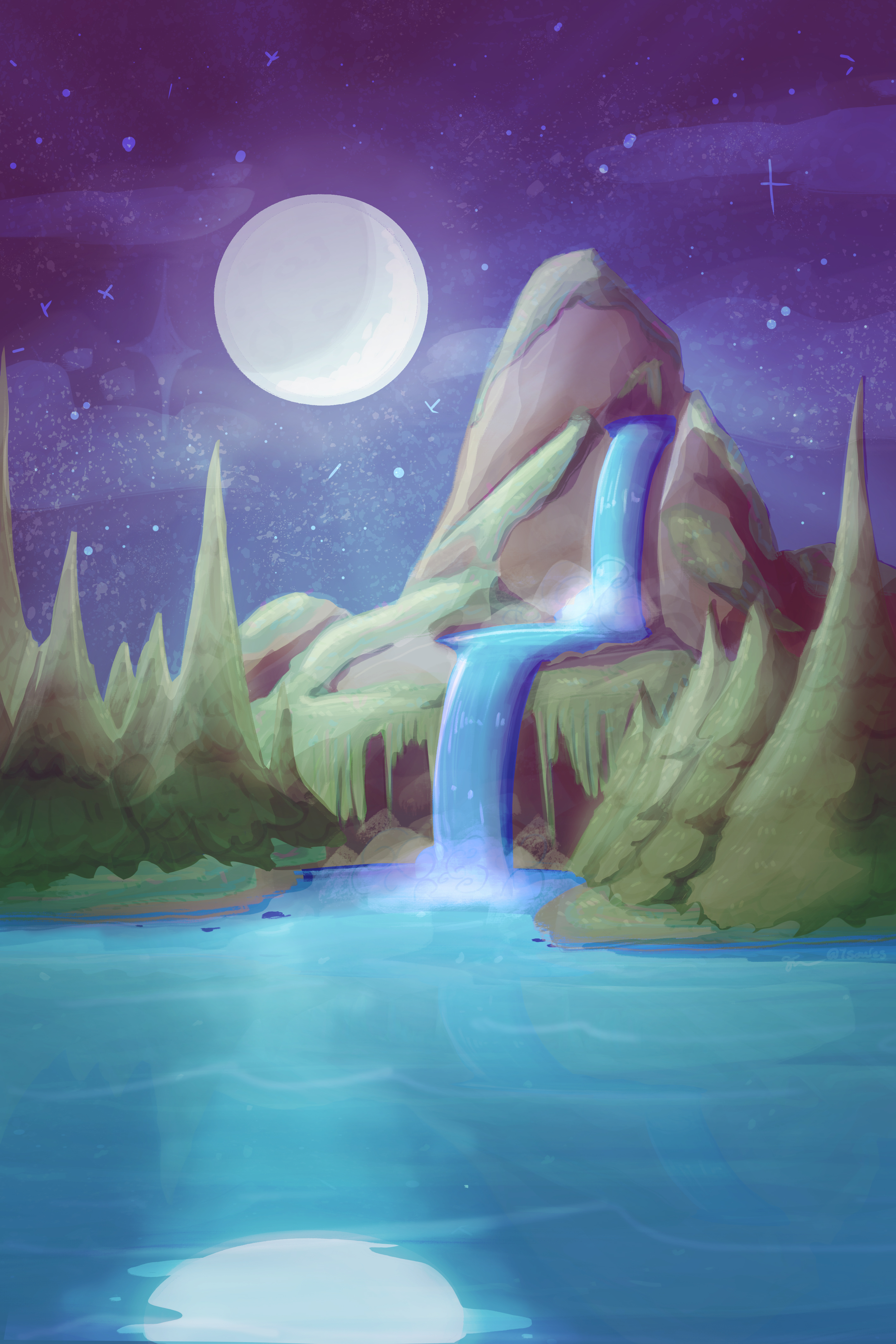 Digital art by Evangelena Bates-Richards. A full moon shines on a green landscape, where
