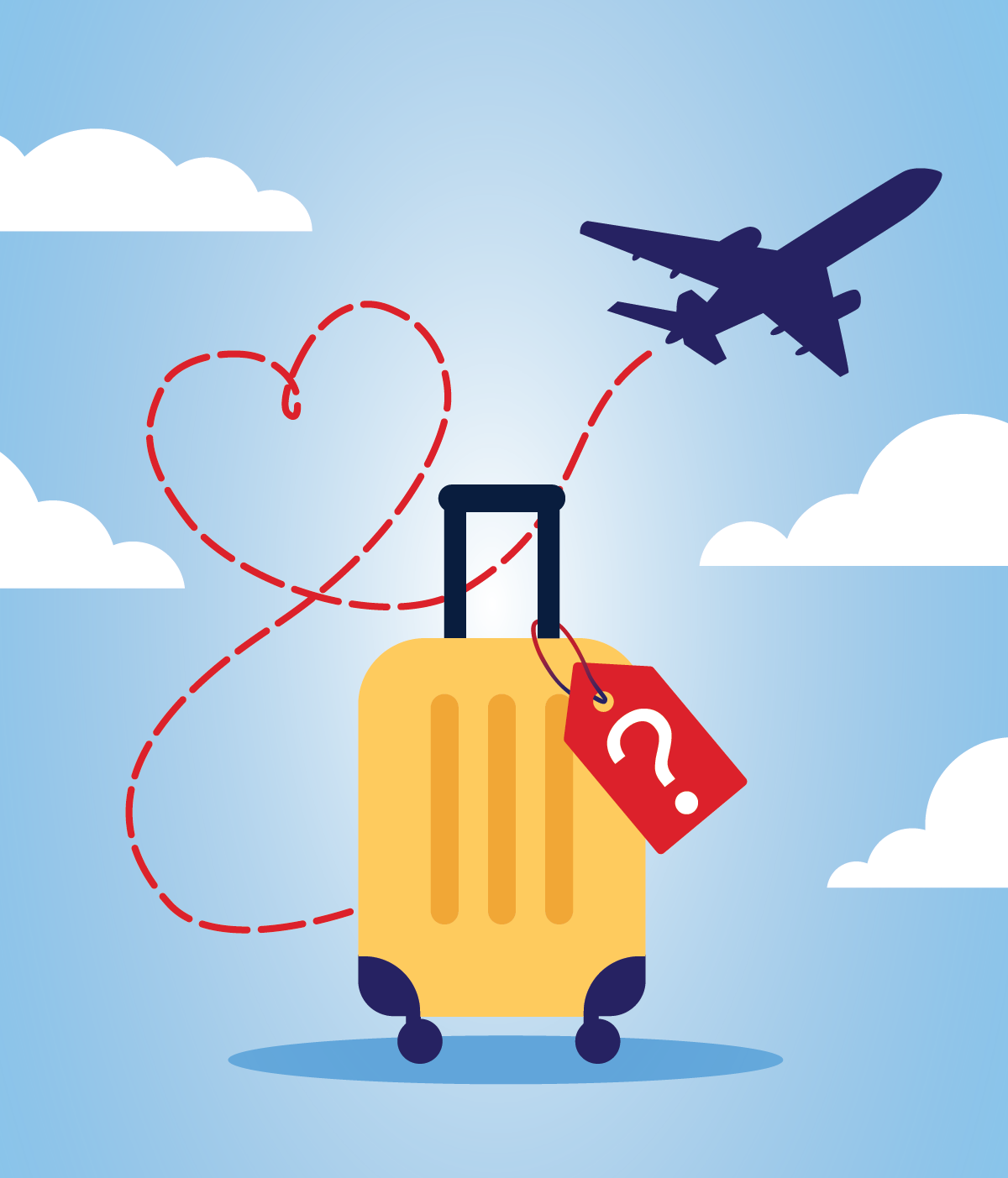 Digital artwork of a yellow suitcase in front of a field of clouds. A passenger airplane leaves behind a heart-shaped red trail,