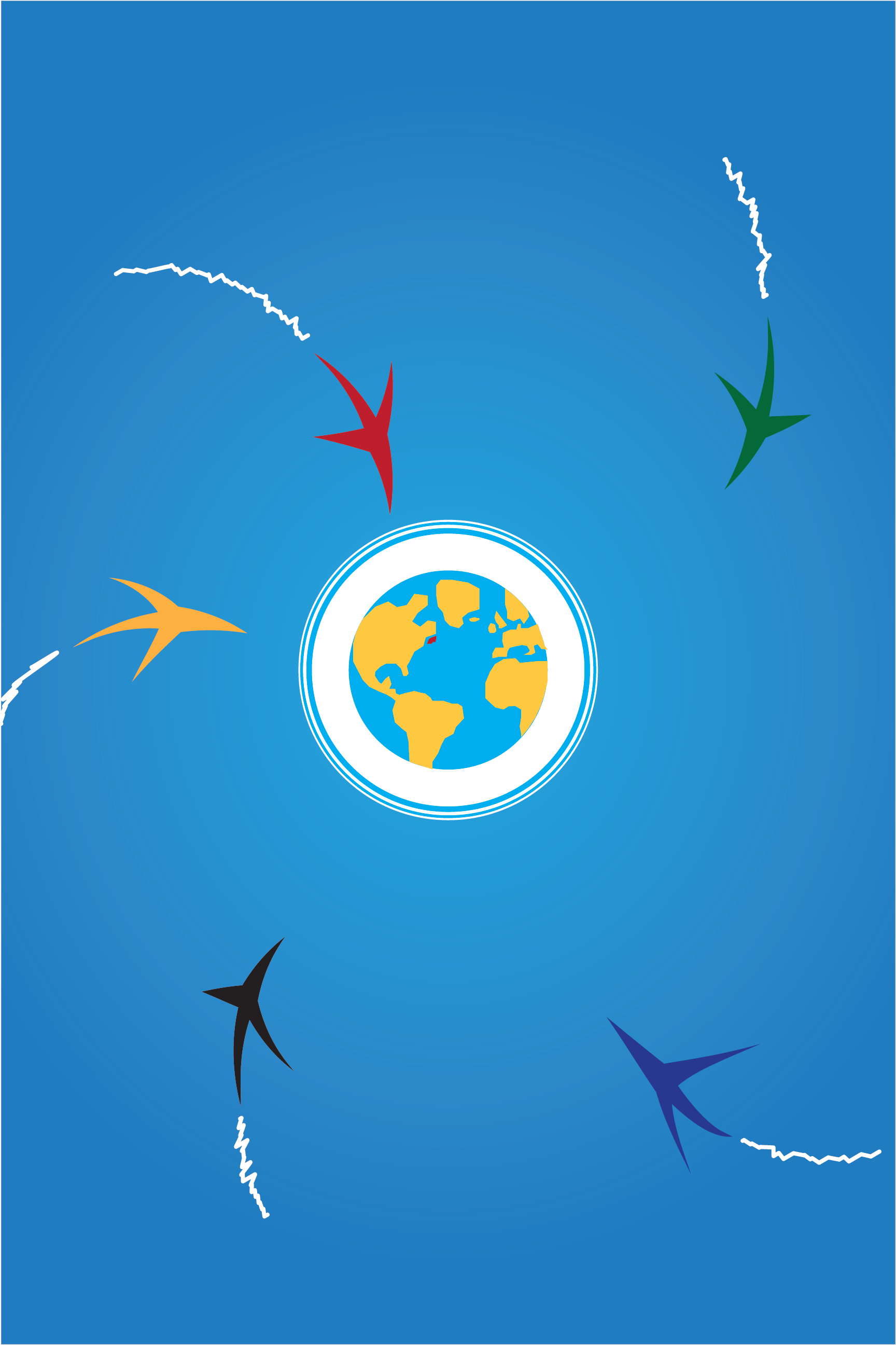 Art by Derek- Gonzales-Flores. On a blue field, abstracted planes in bright primary colors curve in toward a yellow and blue Earth with a red dot marking their destination.