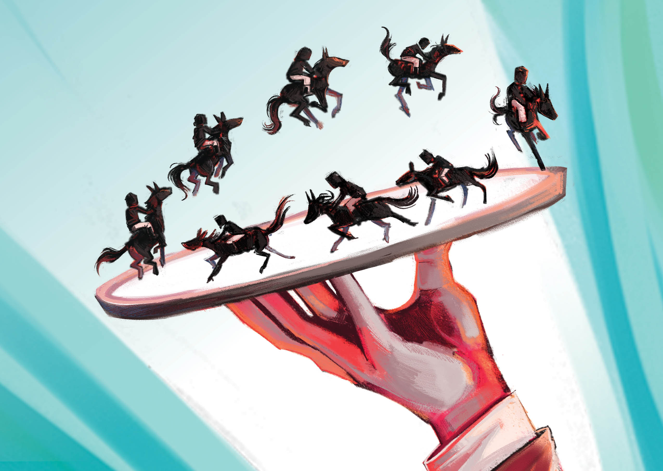 Artowkr by Catherine Oda depicting a hand holding a round tray on which horses are running in a circle