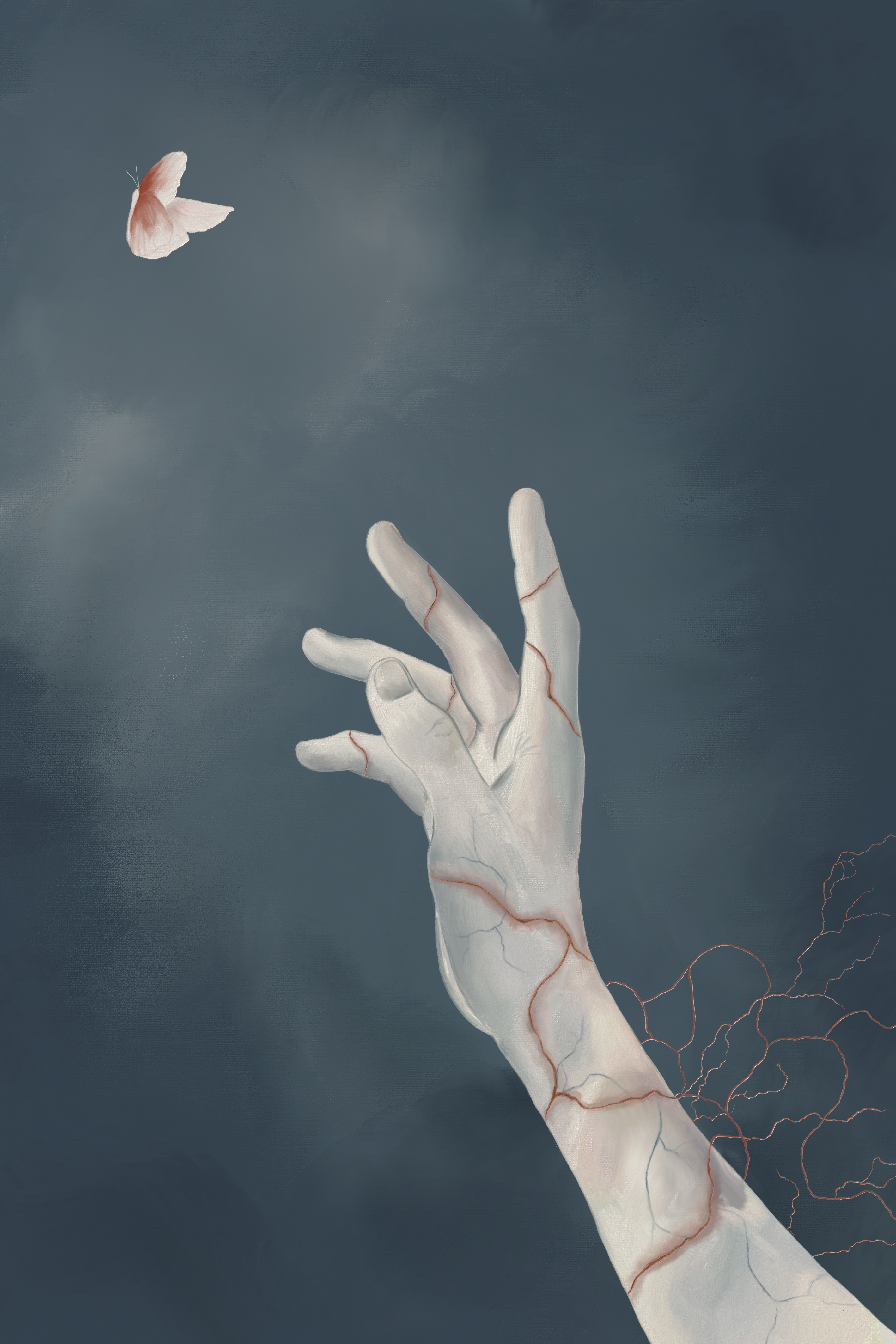 Digital artwork by Grace Garcia. On a soft grey background, a pale, scarred hand entwined with brown curling tendrils reaches longingly for a poink butterfly.