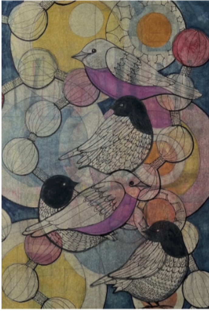 Abstracted painting of birds in soothing colors