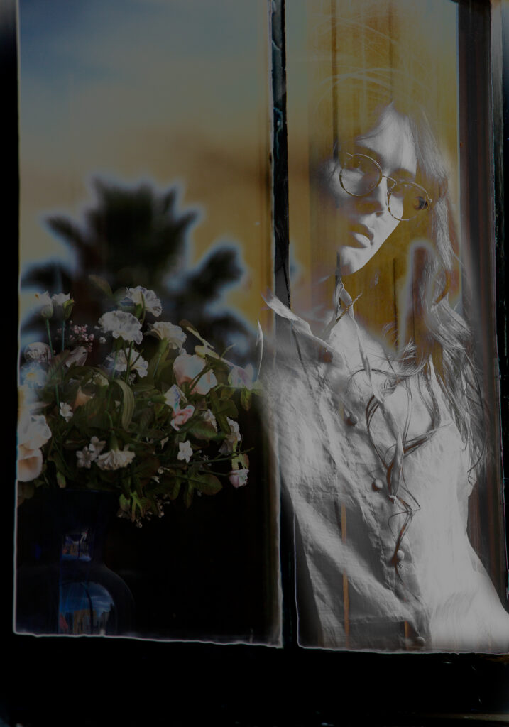 "Veil" by Quinn Nissen. An artistic, layered photo of a woman with long hair and glasses and a bouquet of flowers that are both reflected and obscured by rectangular panels.