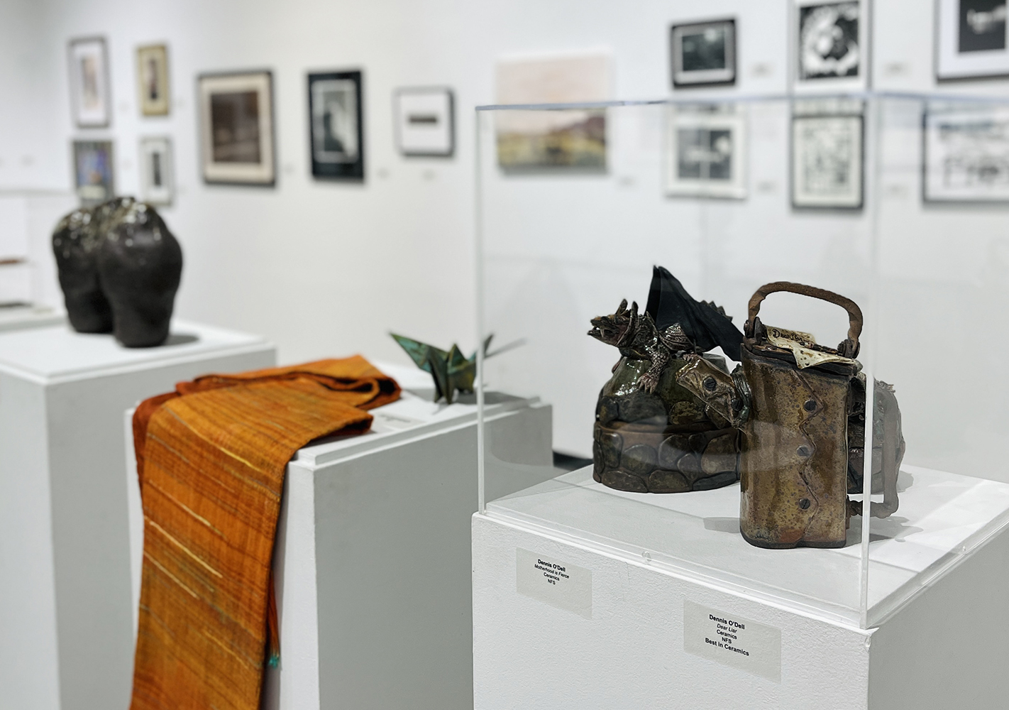 Photograph of various pieces of 3-D artwork in ceramics, metal, and fibers on display in the Louis Carlos Bernal Gallery.